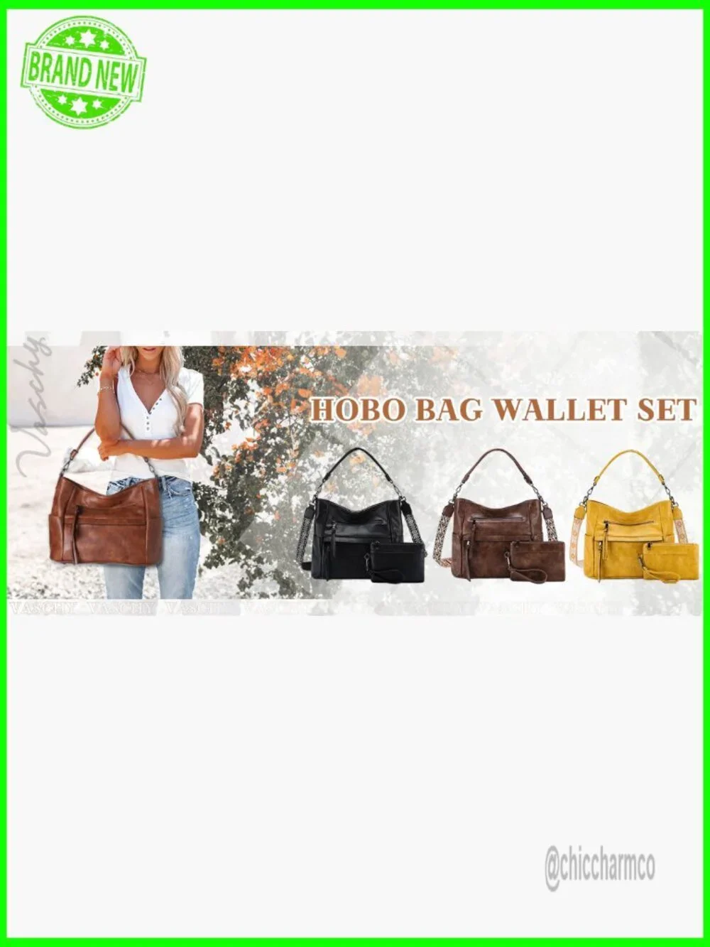 Medium Vegan Leather Hobo Bag with Wallet Set and Guitar Strap